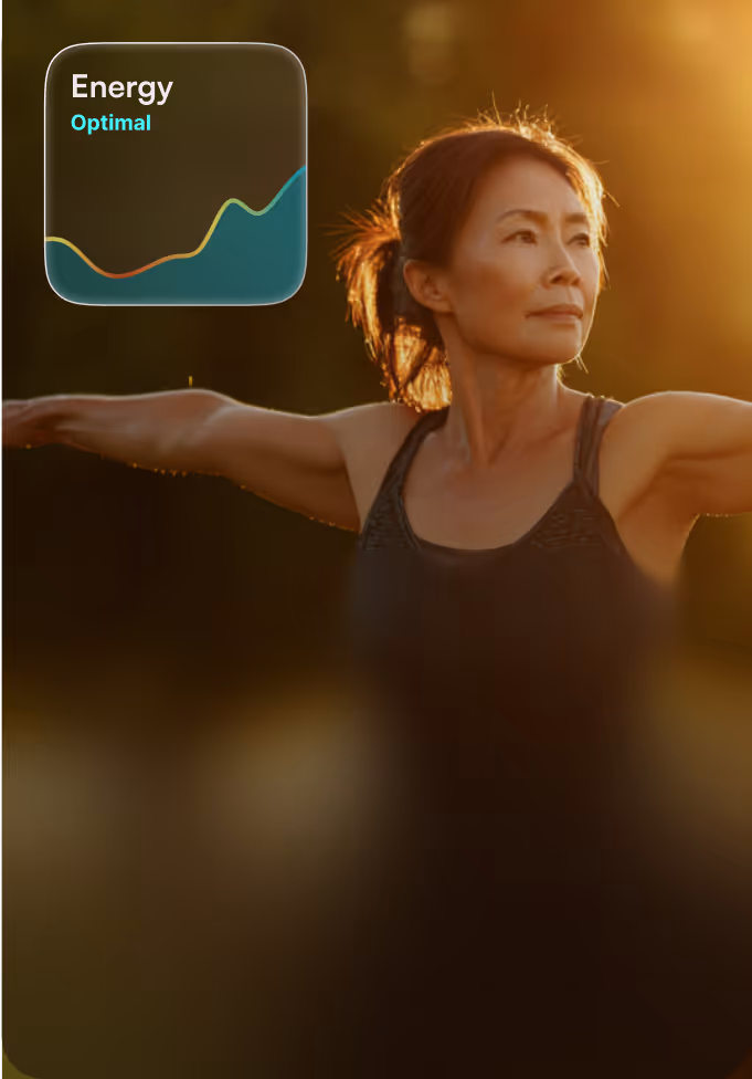Woman practicing yoga outdoors at sunset with an inset graphic showing an energy chart labeled 'Energy Optimal'.