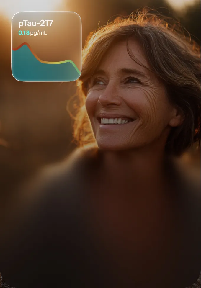 Smiling middle-aged woman outdoors with illuminated hair and a transparent overlay showing pTau-217 level at 0.18 pg/mL.