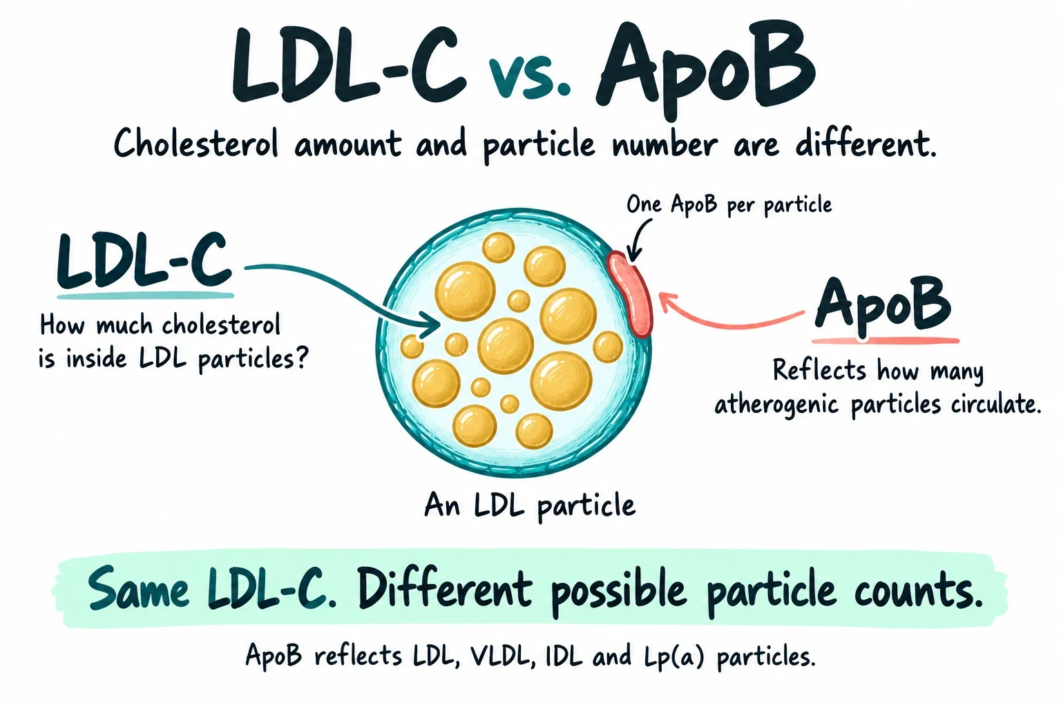 Illustration comparing LDL-C and ApoB: LDL-C is how much cholesterol is inside LDL particles, while ApoB, one per particle, reflects how many atherogenic particles circulate. Same LDL-C, different possible particle counts.