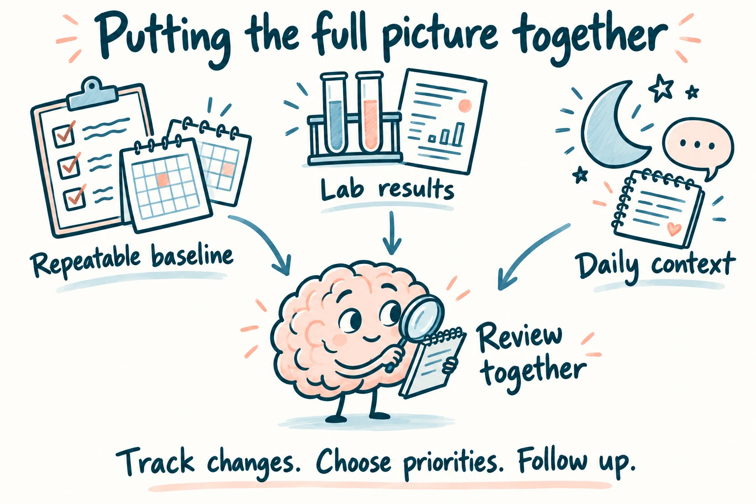 Cartoon showing symptom tracking, lab results and daily context being reviewed together