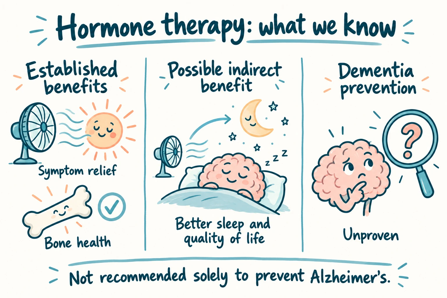 Whiteboard cartoon distinguishing hormone therapy's established benefits, possible indirect benefits and unproven dementia prevention